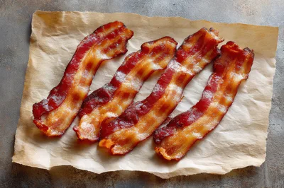 Four Strips Of Crispy Cooked Bacon On Parchment Paper