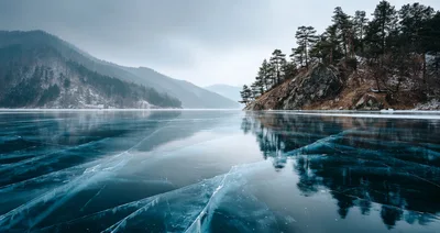 Frozen Lake Surface With Cracks And Mountain Landscape