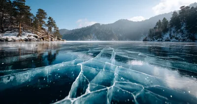 Cracked Ice Surface on a Frozen Mountain Lake