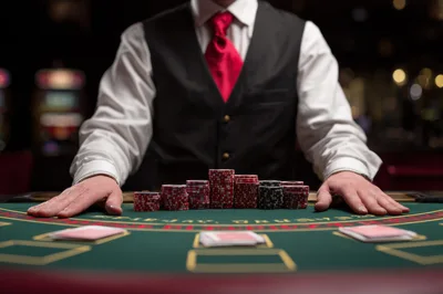 Casino Dealer Managing Poker Chips At Blackjack Table