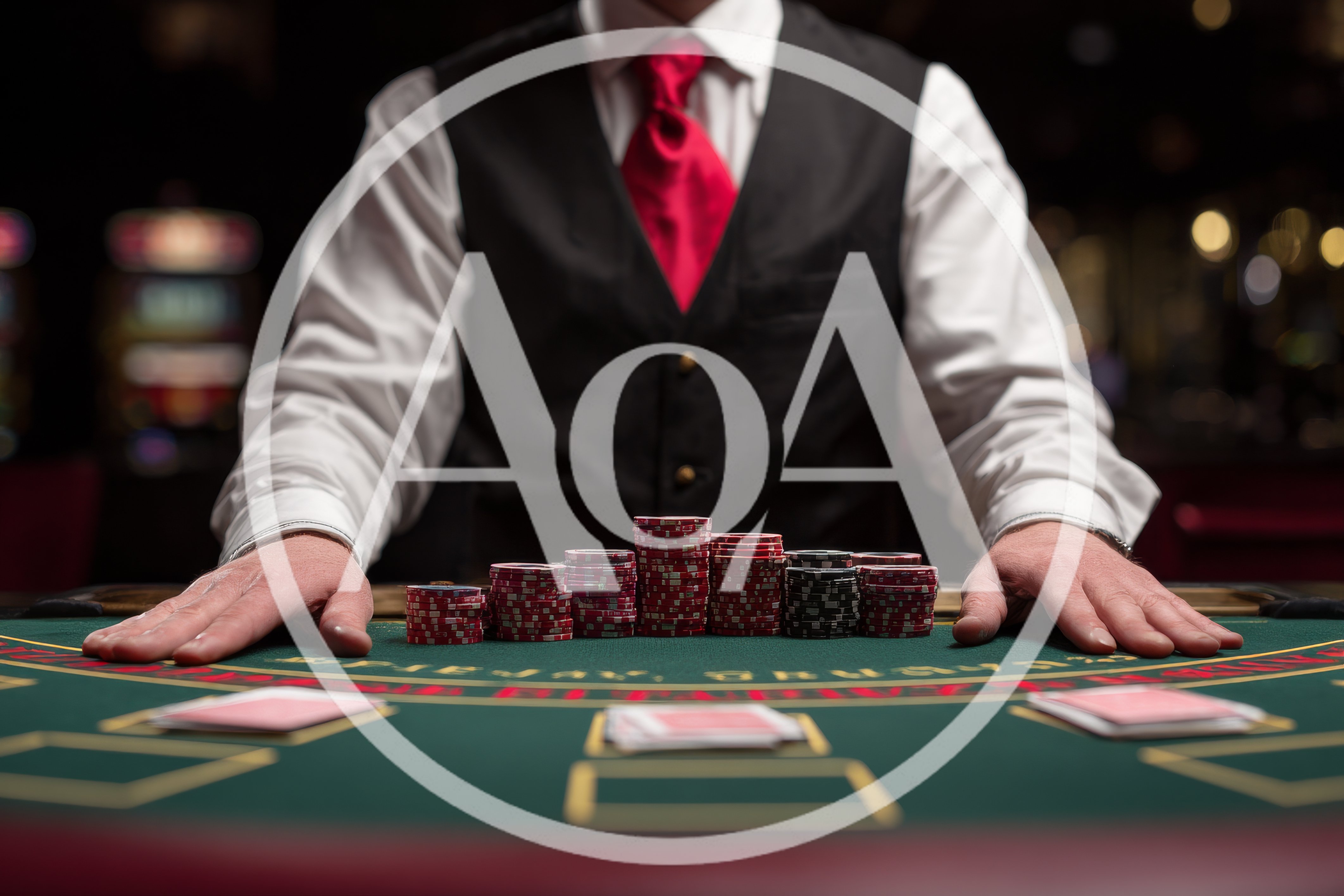 Casino Dealer Managing Poker Chips At Blackjack Table