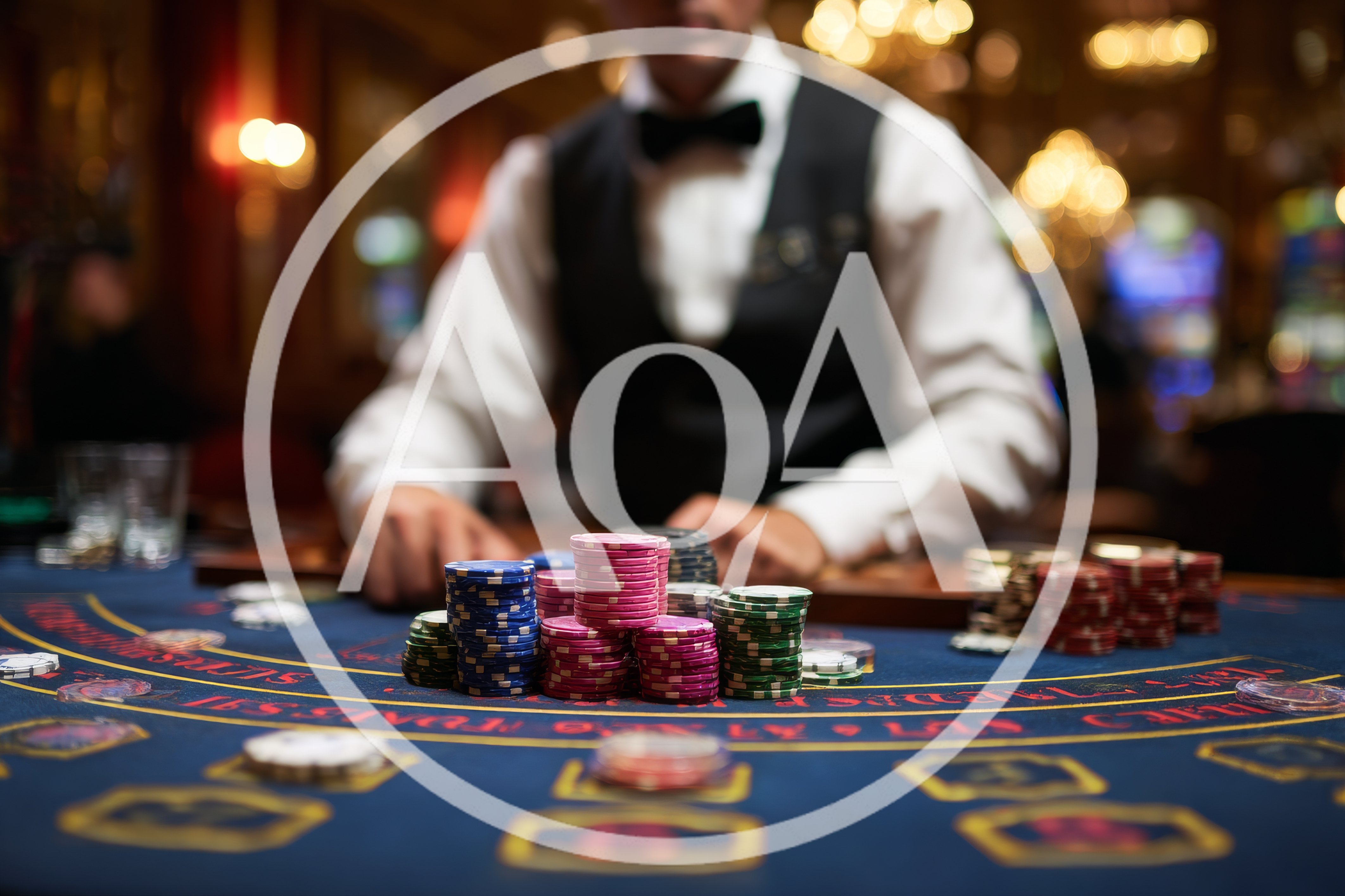 Casino Dealer Managing Poker Chips On Gaming Table