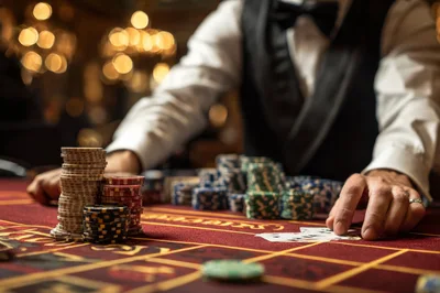 Casino Dealer Managing Poker Chips and Playing Cards