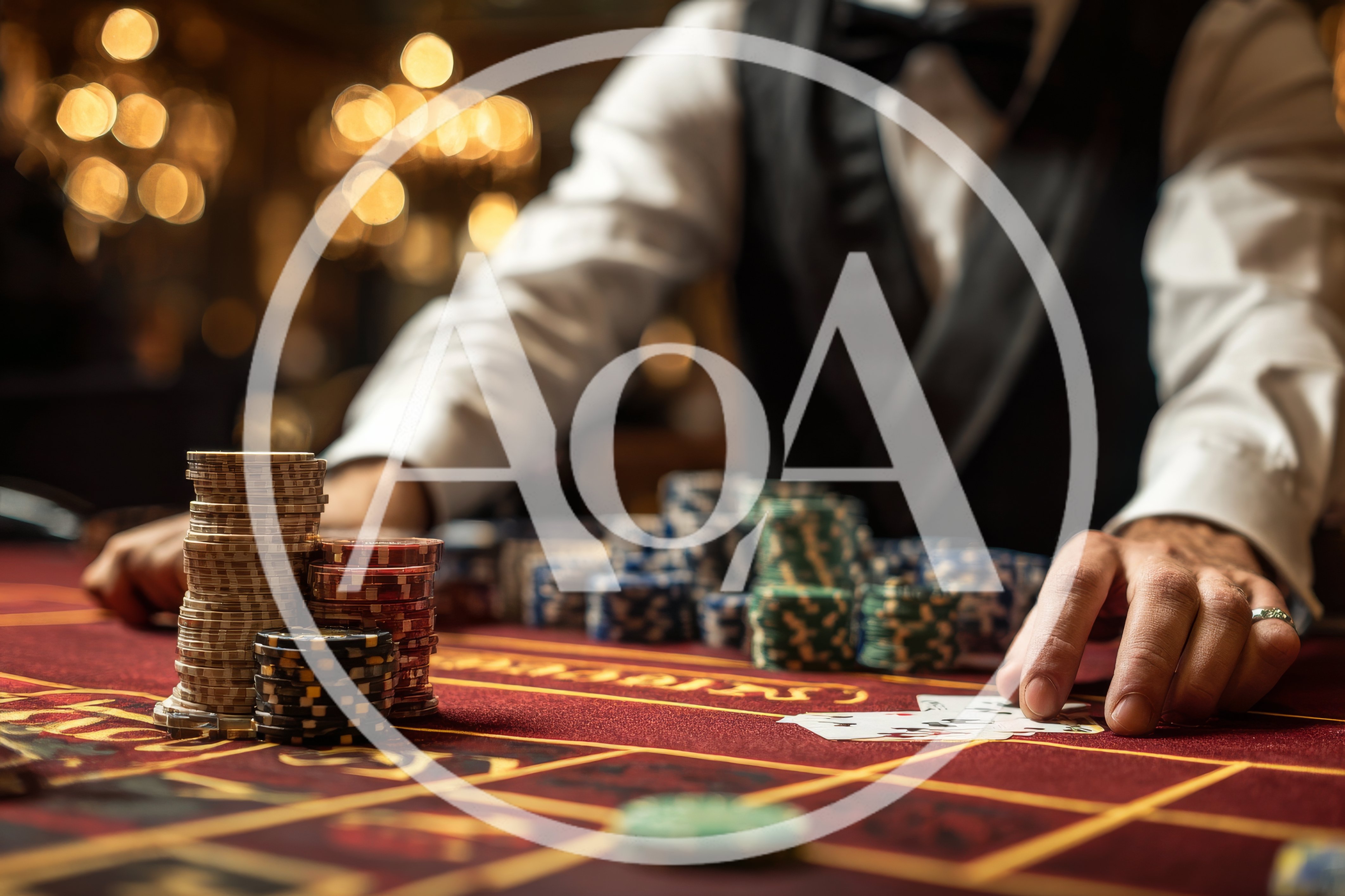 Casino Dealer Managing Poker Chips and Playing Cards