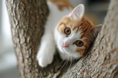 Ginger And White Cat Resting In A Tree