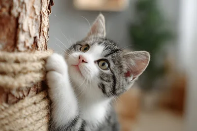 Cute Tabby Kitten Scratching A Sisal Rope Post
