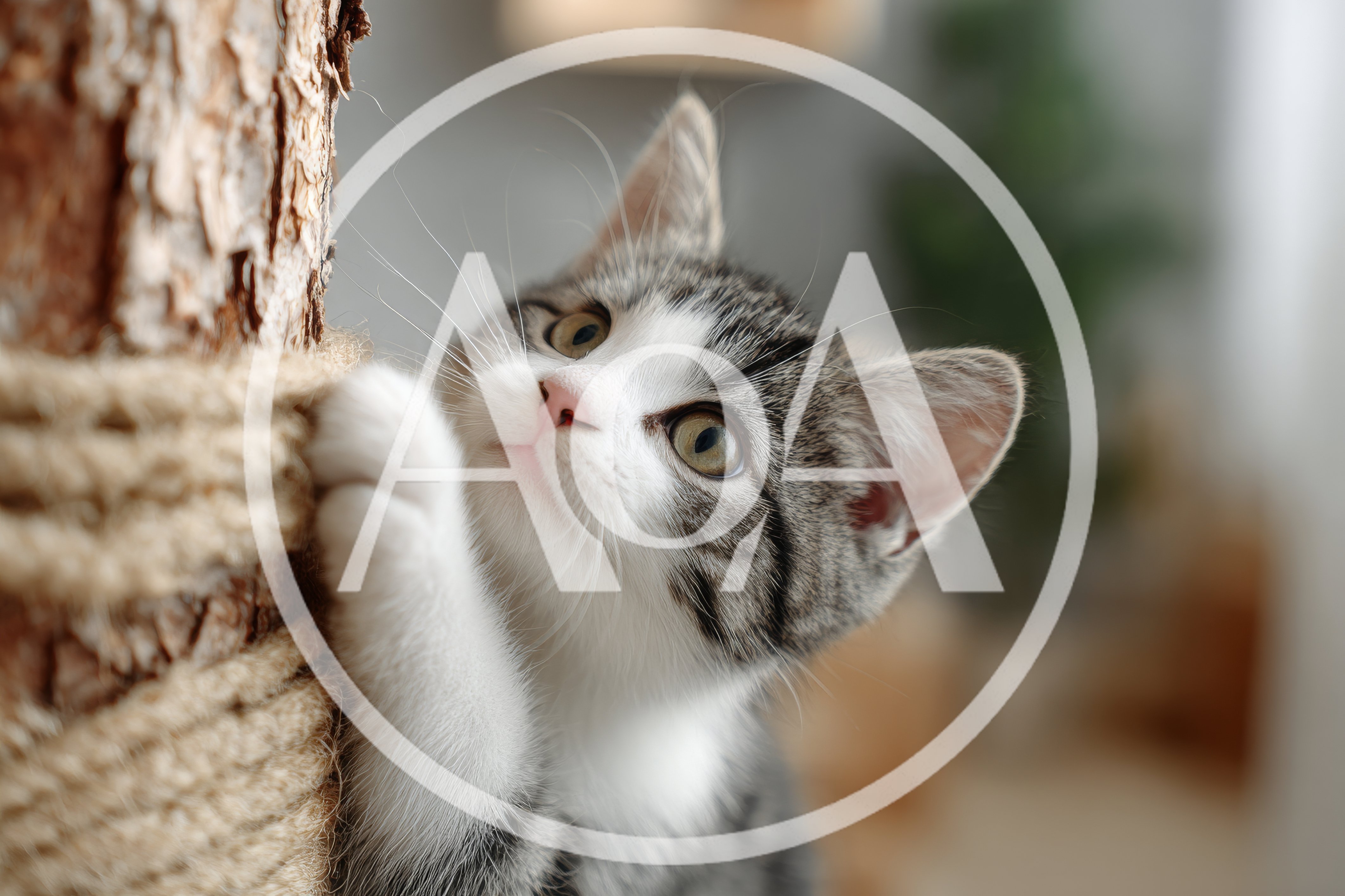 Cute Tabby Kitten Scratching A Sisal Rope Post