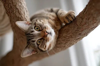 Tabby Cat Resting On A Tree Branch
