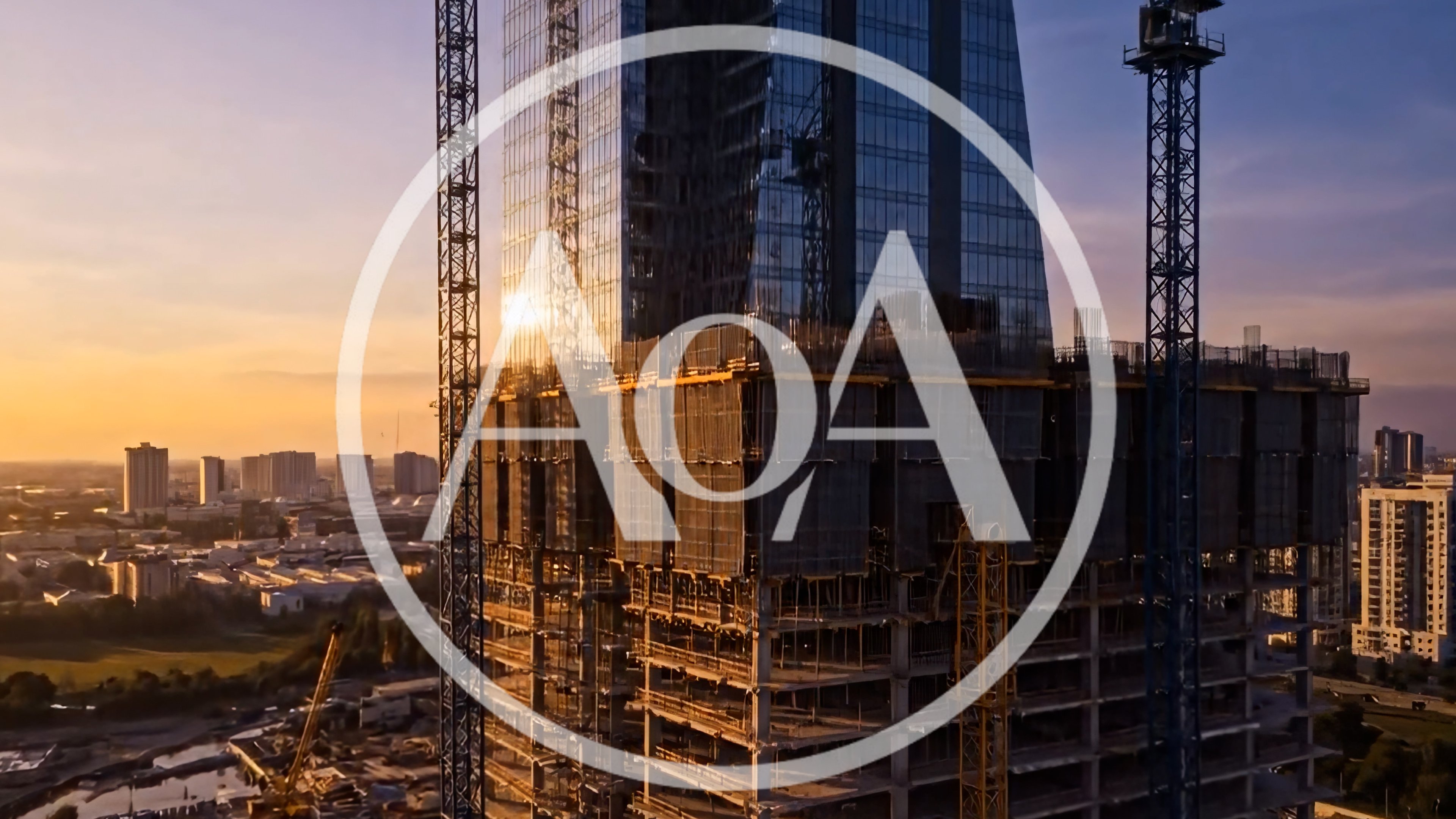 Aerial View Of Skyscraper Construction At Sunset