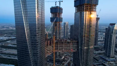 Aerial View Of Skyscrapers Under Construction At Sunset