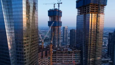 Aerial View Of Skyscraper Construction Site At Sunset
