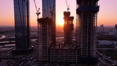 Aerial View Of Skyscraper Construction At Sunset