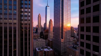 Aerial View Of New York City Skyline At Sunset