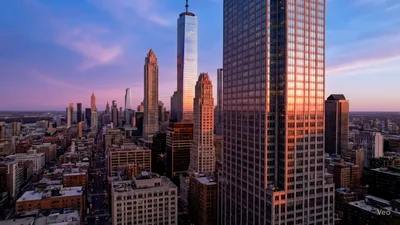 Aerial View of New York City Skyline at Sunset