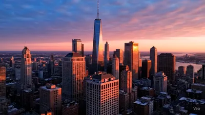 Aerial View Of New York City Skyline At Sunset