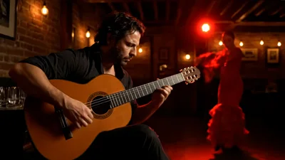 Flamenco Guitarist Performing With A Dancer In A Bar