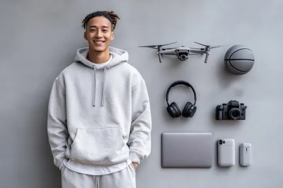 Young Man Standing Beside Floating Tech Gadgets