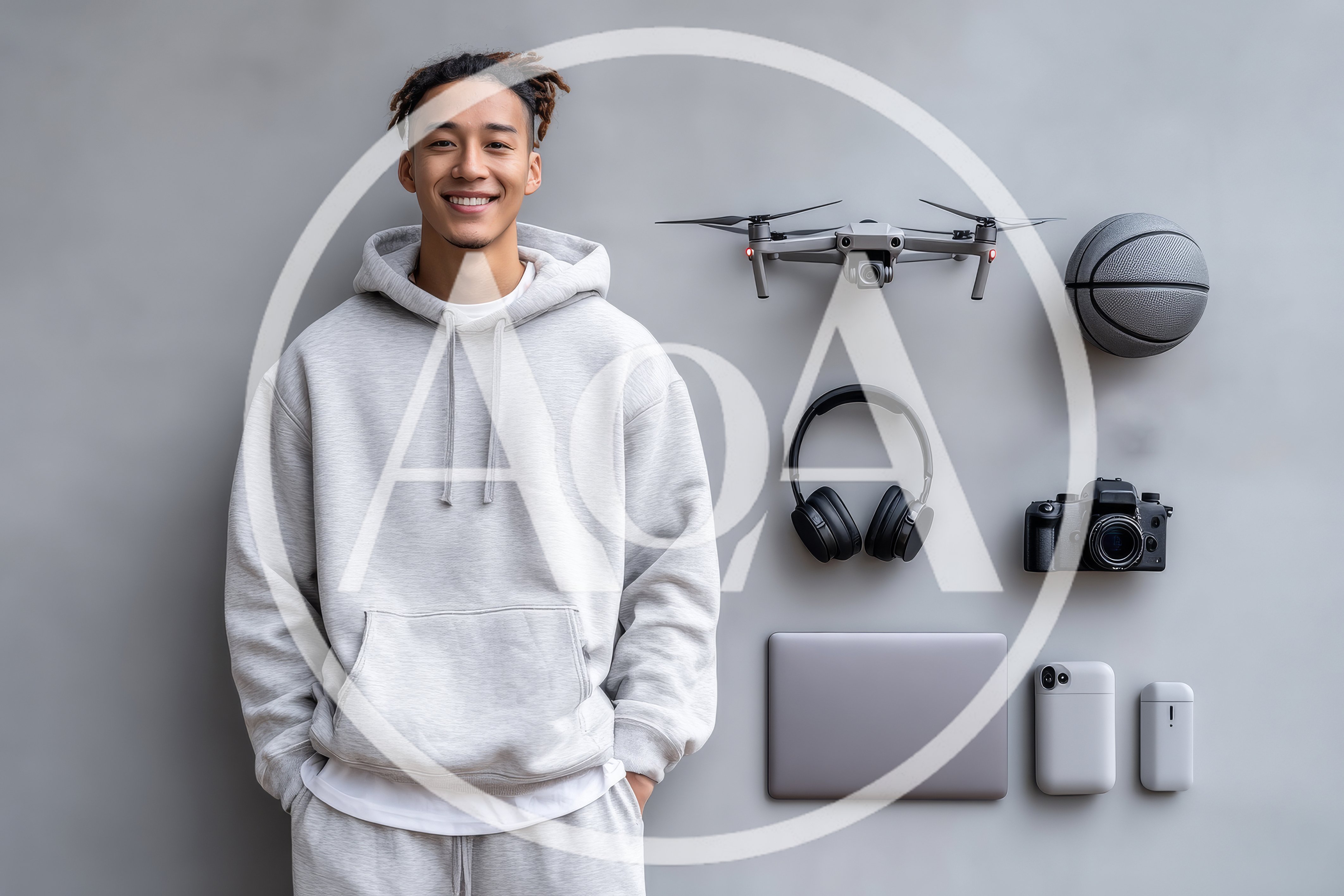 Young Man Standing Beside Floating Tech Gadgets