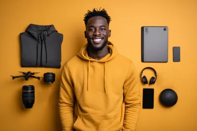 Smiling Man Surrounded By Tech Gadgets And Accessories