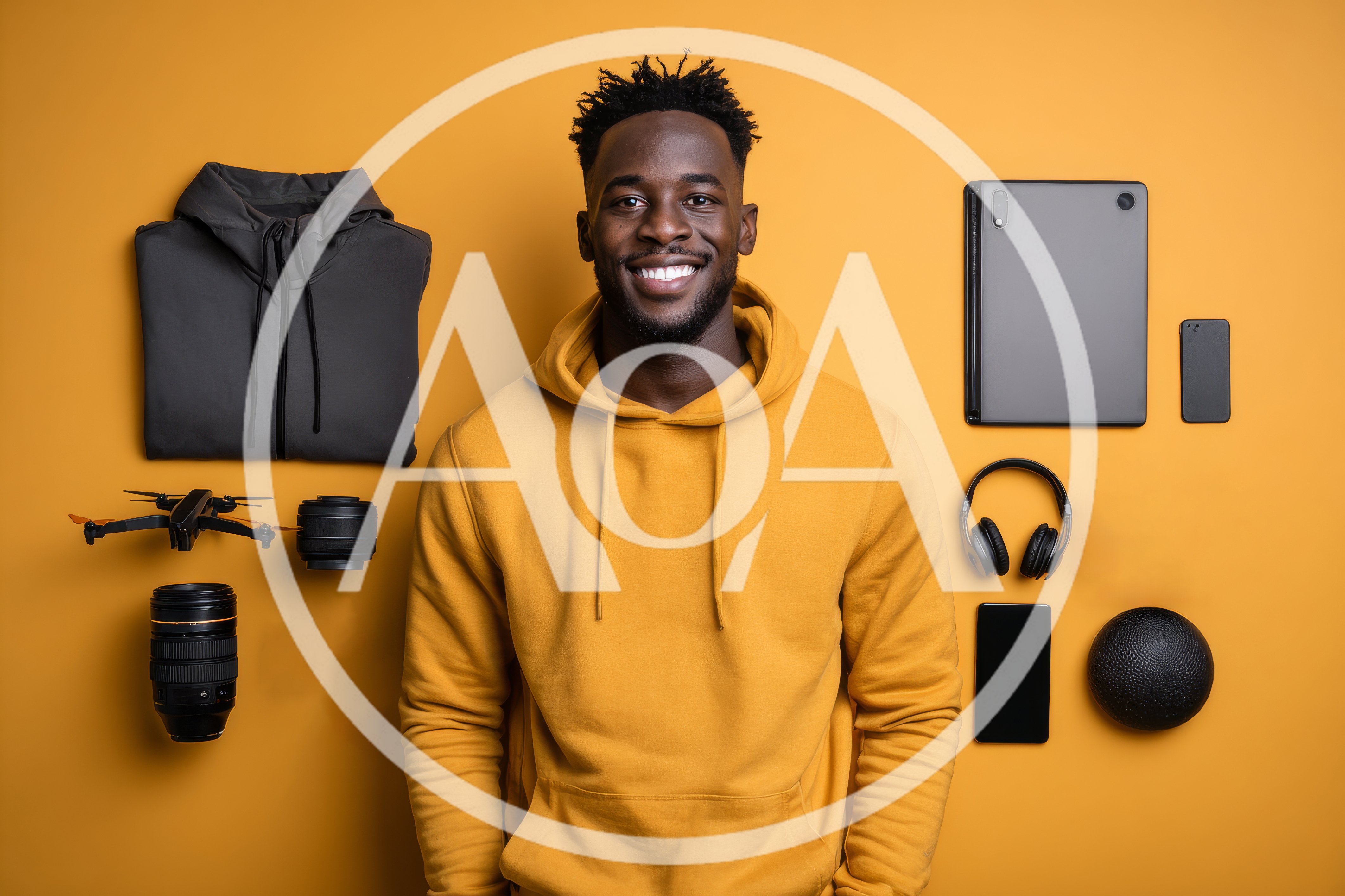Smiling Man Surrounded By Tech Gadgets And Accessories