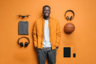 Smiling Young Man Surrounded By Lifestyle Gadgets And Accessories