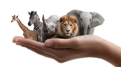 Wild Animals Standing Together On A Human Hand