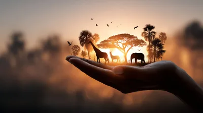 Miniature African Safari Landscape Held In Human Hand