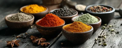 Assorted Spices In Wooden Bowls On Rustic Table