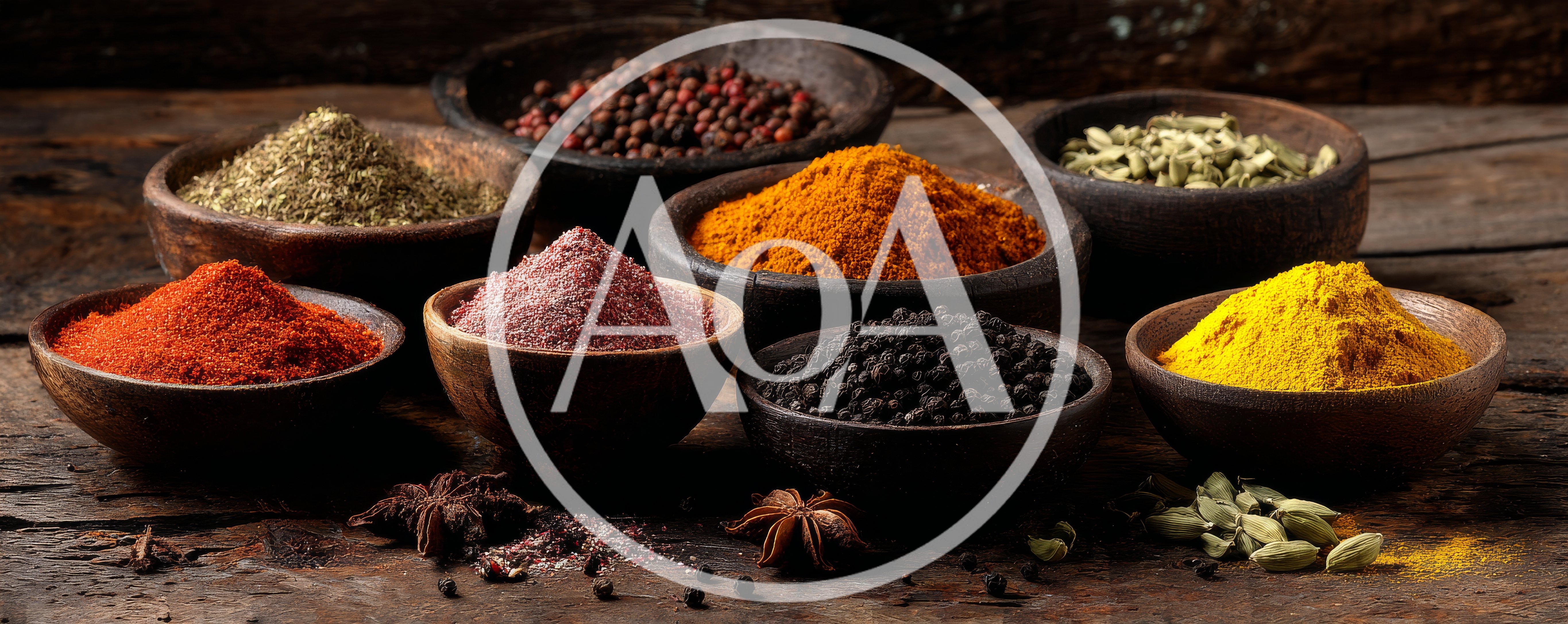 Assorted Spices and Herbs in Wooden Bowls