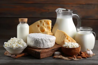 Assorted Dairy Products and Cheese on Wooden Table