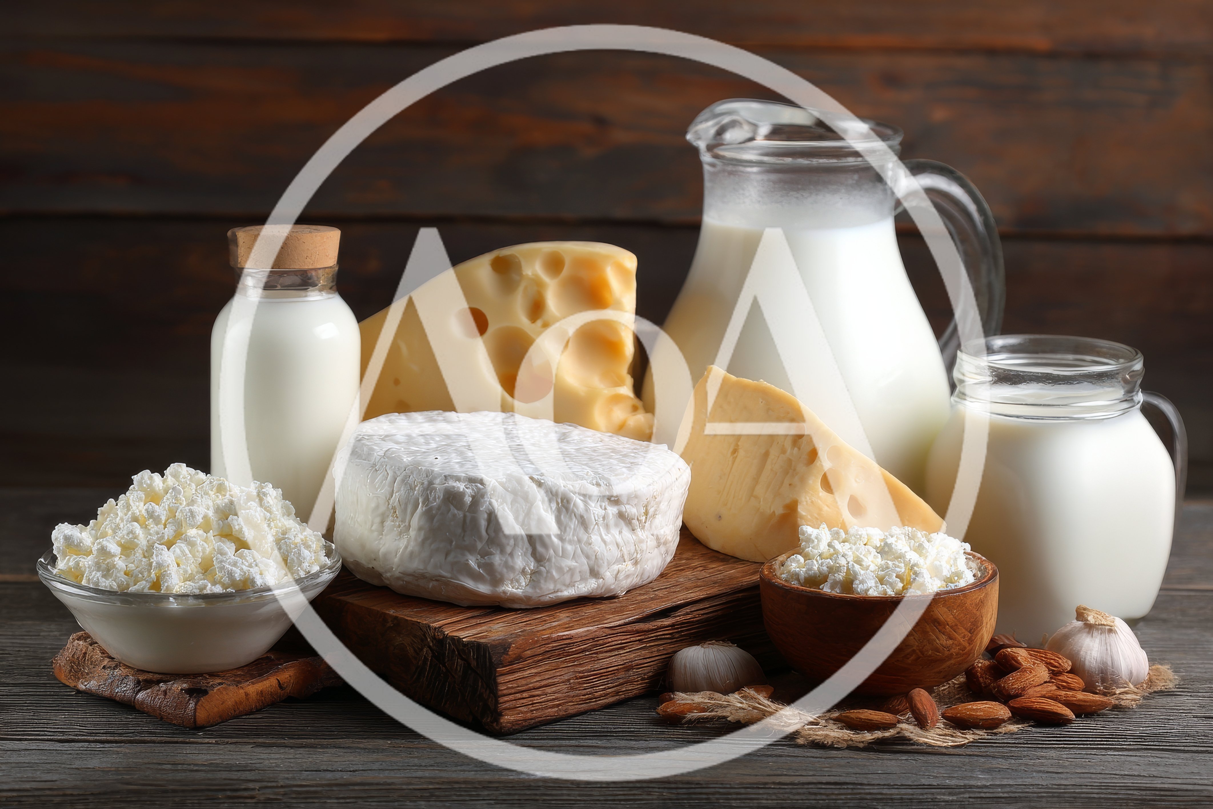 Assorted Dairy Products and Cheese on Wooden Table