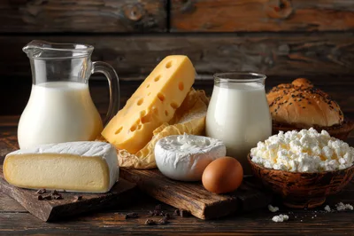 Assorted Dairy Products and Fresh Bread on Wooden Table