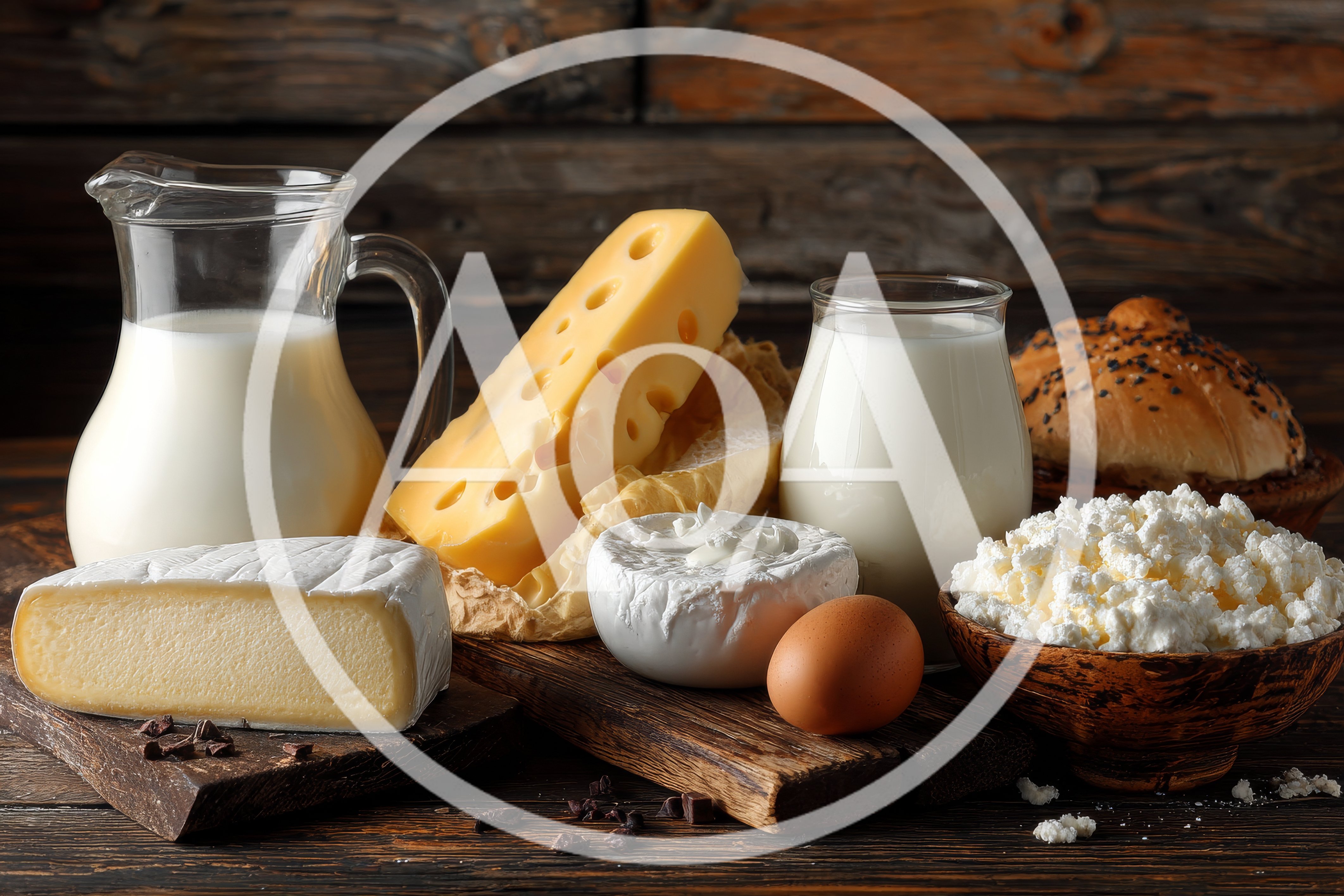 Assorted Dairy Products and Fresh Bread on Wooden Table