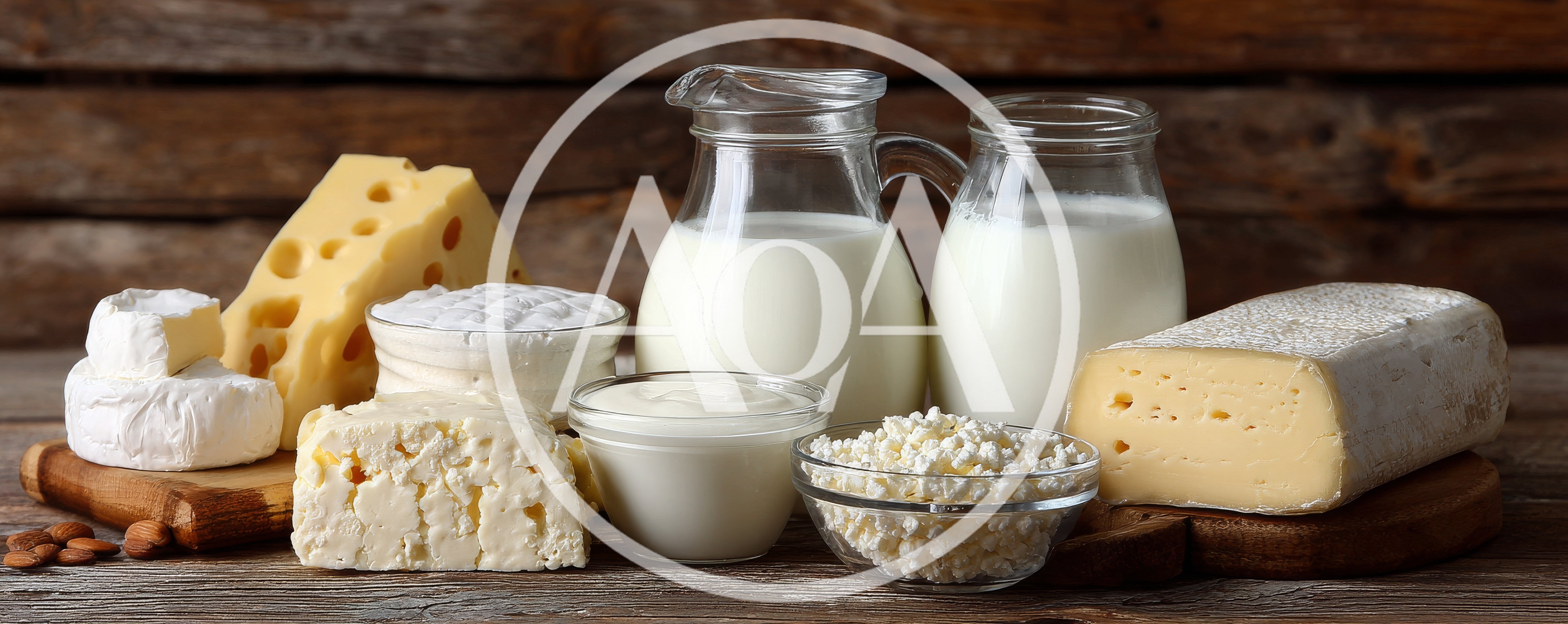 Assorted Dairy Products on Rustic Wooden Table
