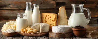 Assorted Dairy Products on Rustic Wooden Table