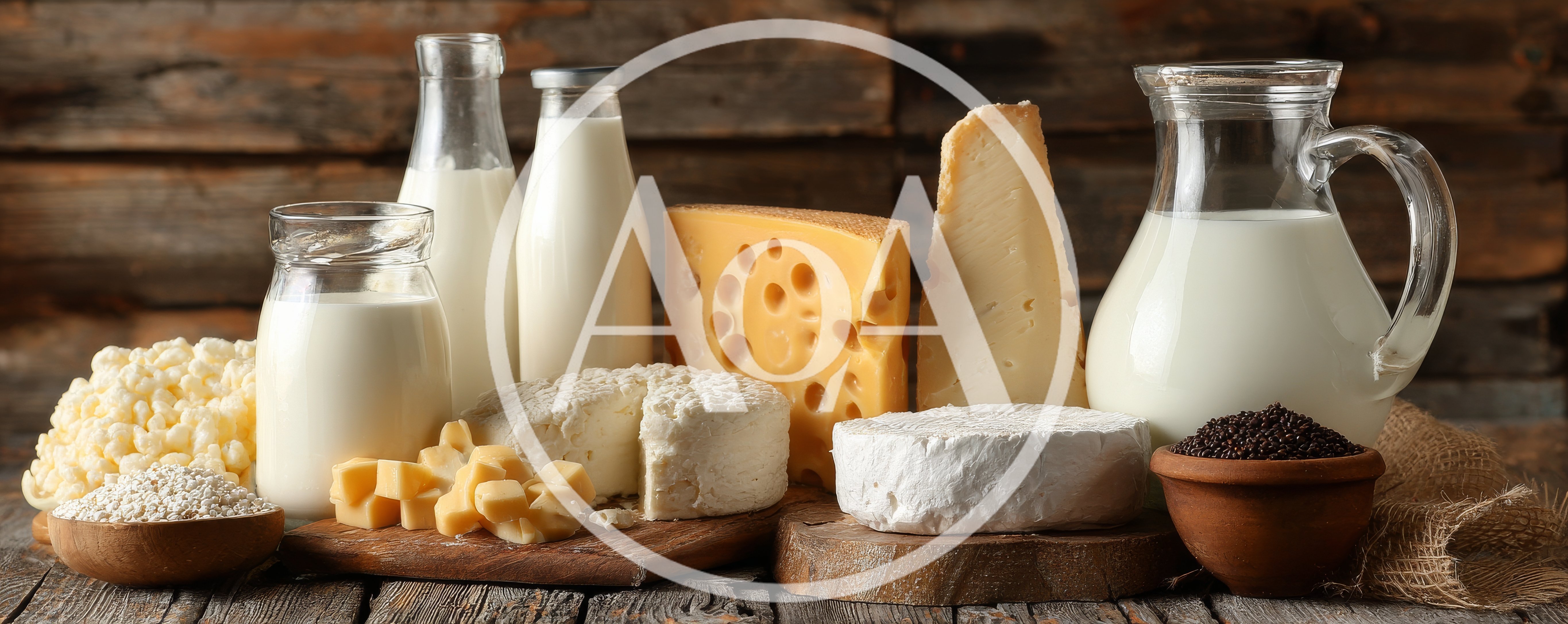 Assorted Dairy Products on Rustic Wooden Table