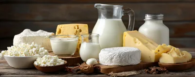 Assorted Dairy Products on Rustic Wooden Table