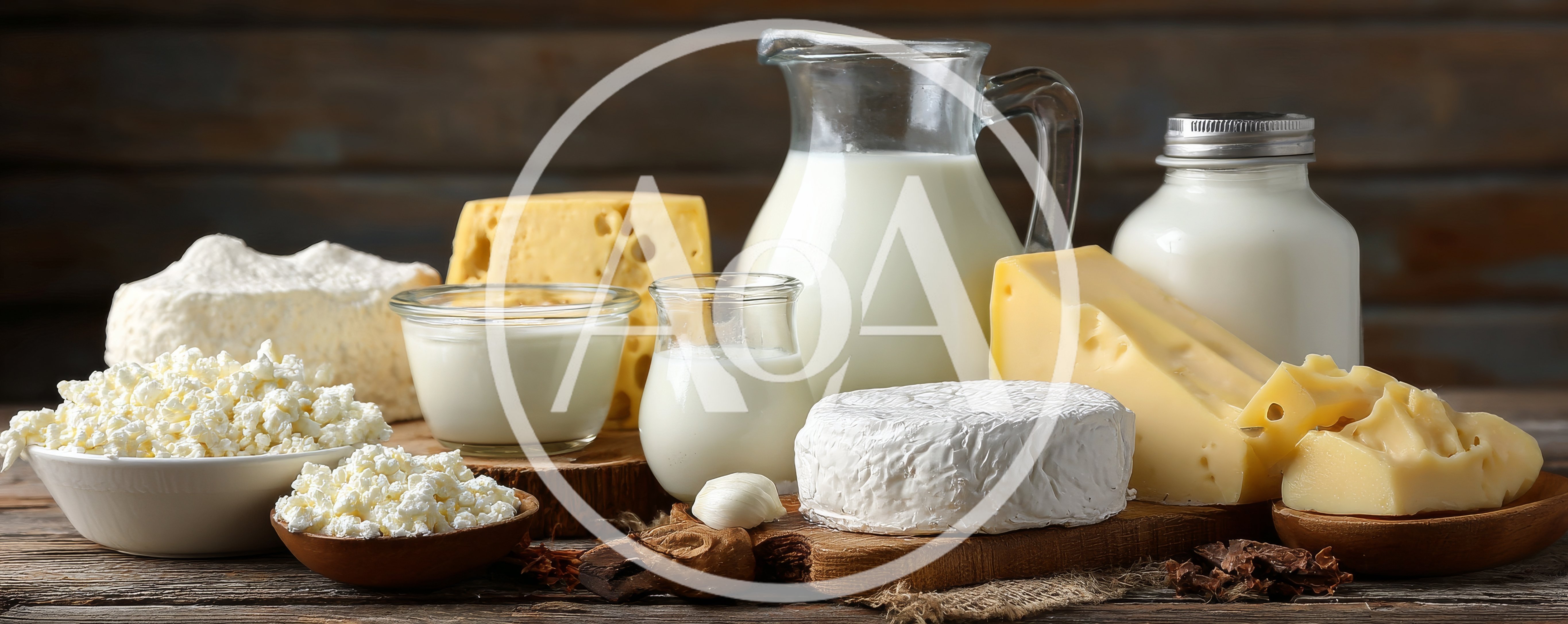Assorted Dairy Products on Rustic Wooden Table