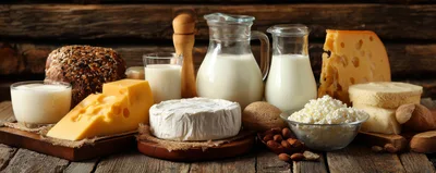 Assorted Dairy Products and Bread on Rustic Wooden Table