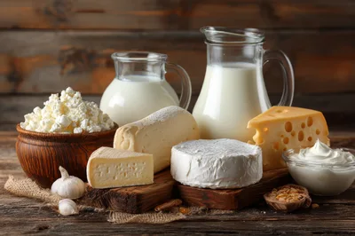 Assorted Dairy Products and Fresh Garlic on Wooden Table