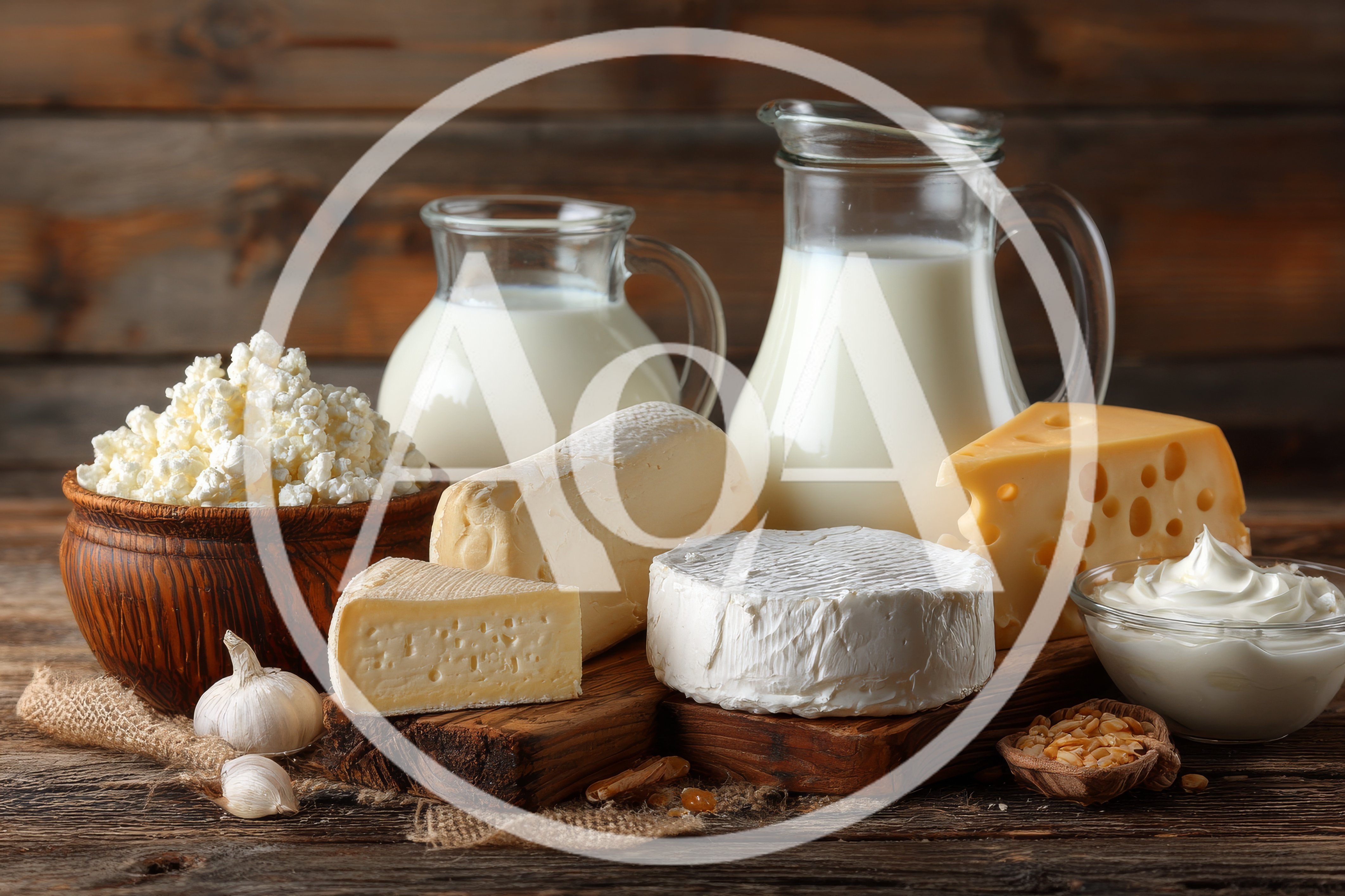 Assorted Dairy Products and Fresh Garlic on Wooden Table