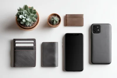 Flat Lay Of Leather Accessories And Potted Plants
