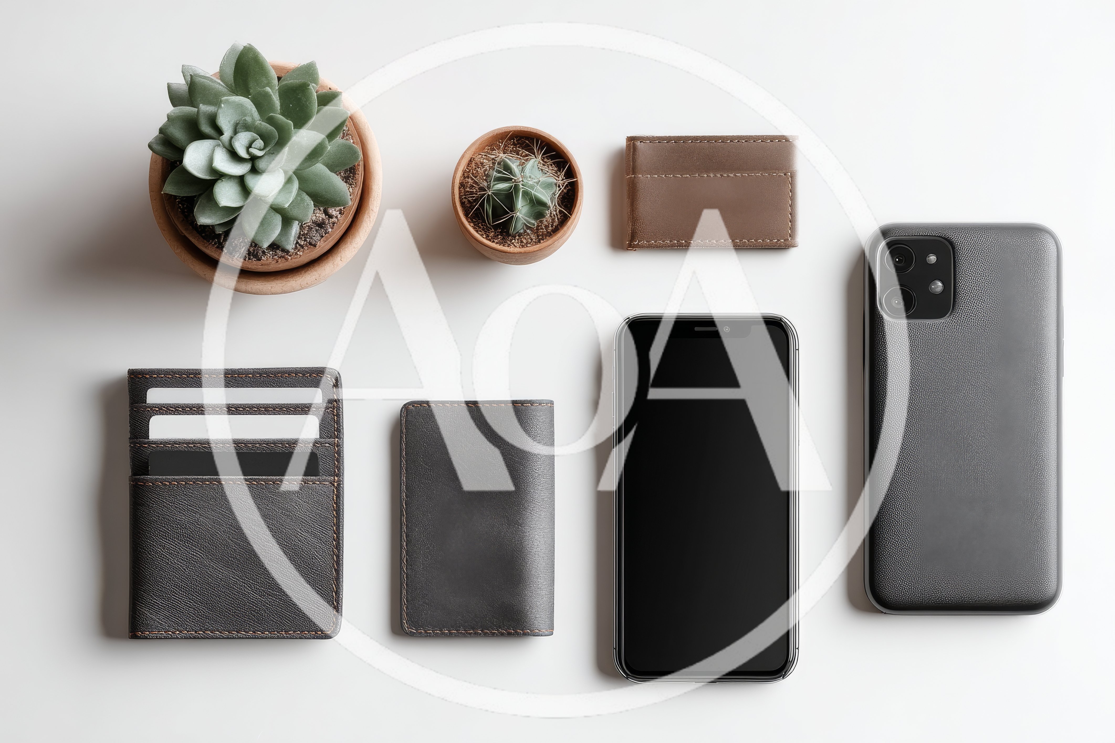 Flat Lay Of Leather Accessories And Potted Plants