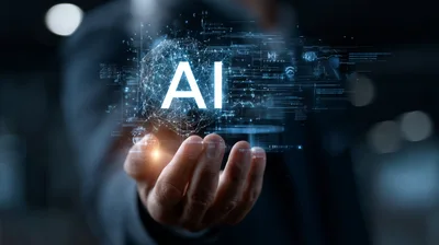 Businessman Holding Digital AI Hologram Interface