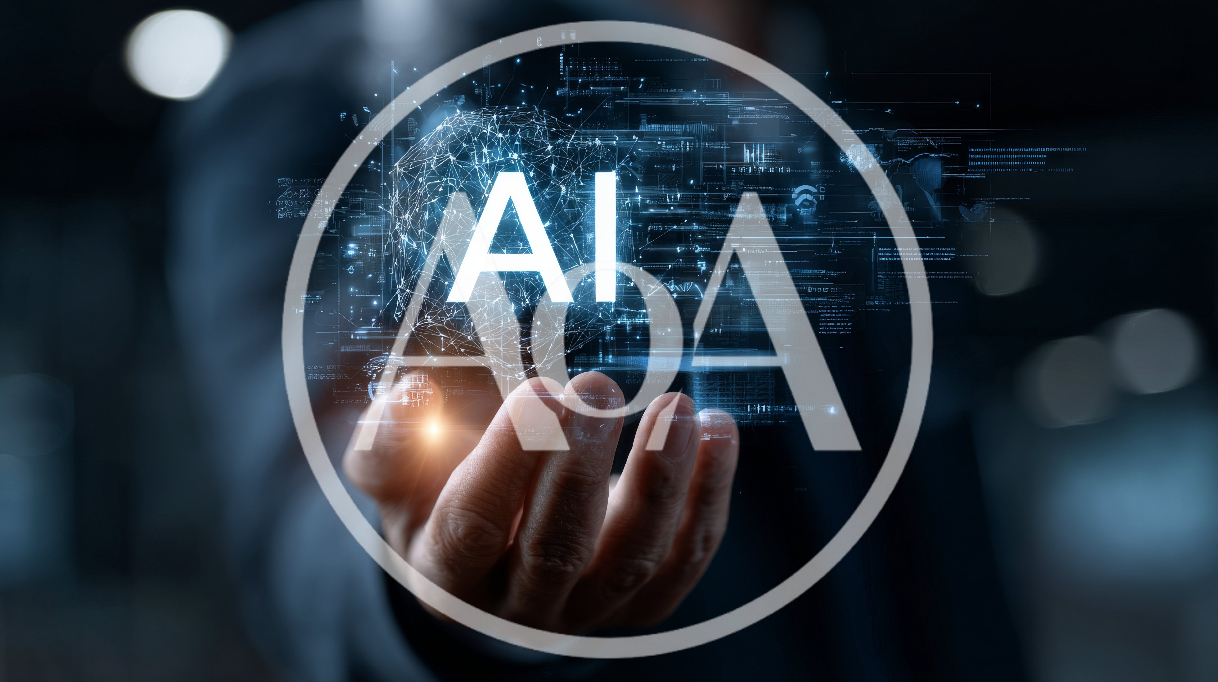 Businessman Holding Digital AI Hologram Interface