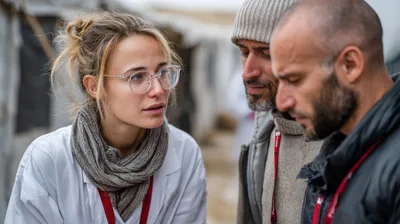 Humanitarian Aid Workers Discussing Strategy In Refugee Camp