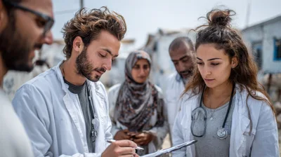 Medical Professionals Consulting With Patients In Refugee Camp