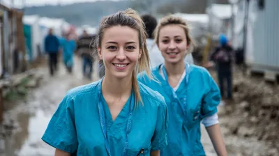 Two Female Medical Volunteers Walking Through Refugee Camp