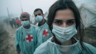 Medical Volunteers Wearing Protective Gear In Refugee Camp