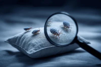 Bed Bugs Crawling On A Pillow Under Magnifying Glass